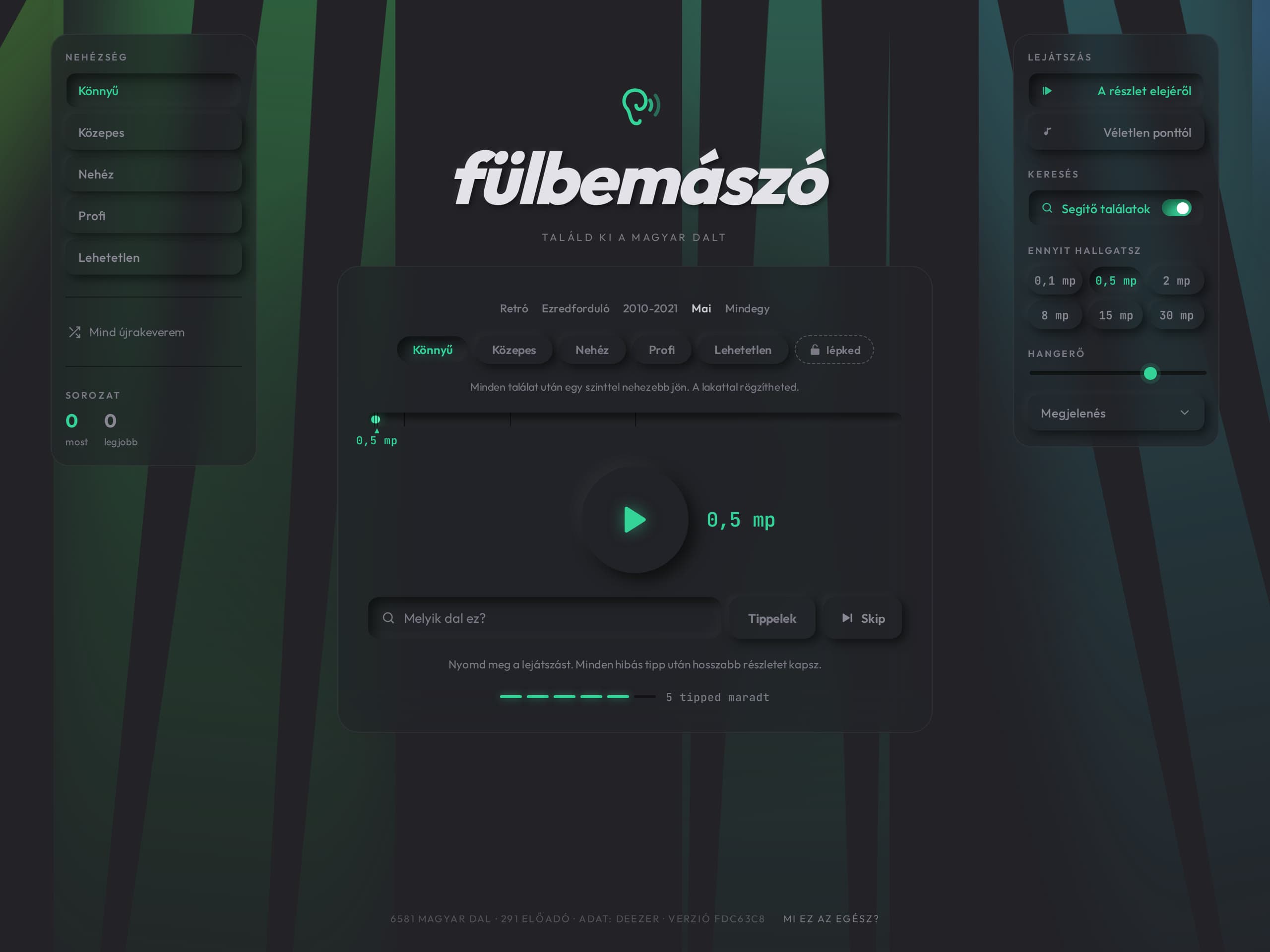 A Fülbemászó weboldal nyitóképernyője