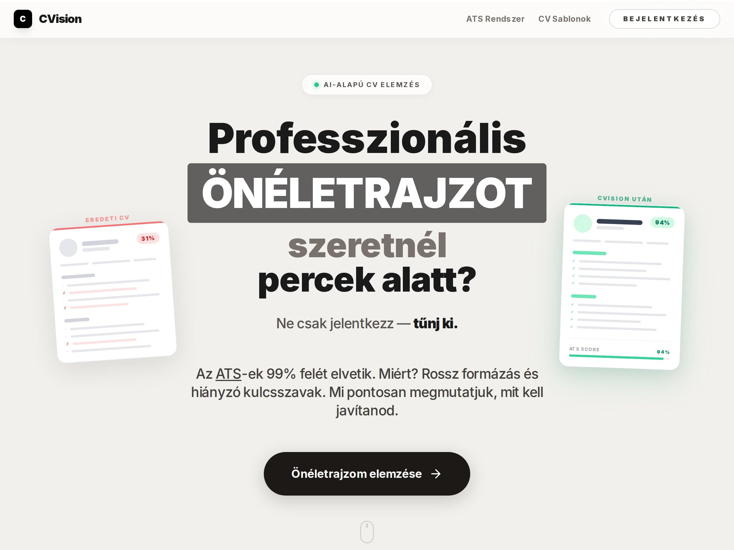 A CVision weboldal nyitóképernyője